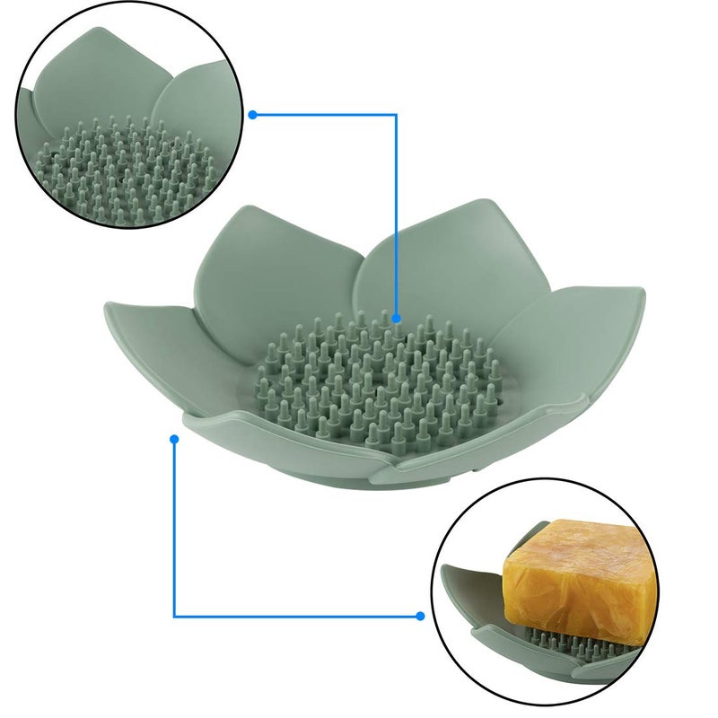 HR H&R 3 Pack Silicone Soap Holder, Bathroom Soap Tray with Drain, Lotus Shaped - Blue, Green, Grey - Image 2